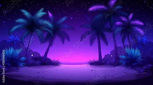 Neon-lit tropical beach at night with two palm trees silhouetted against a purple sky