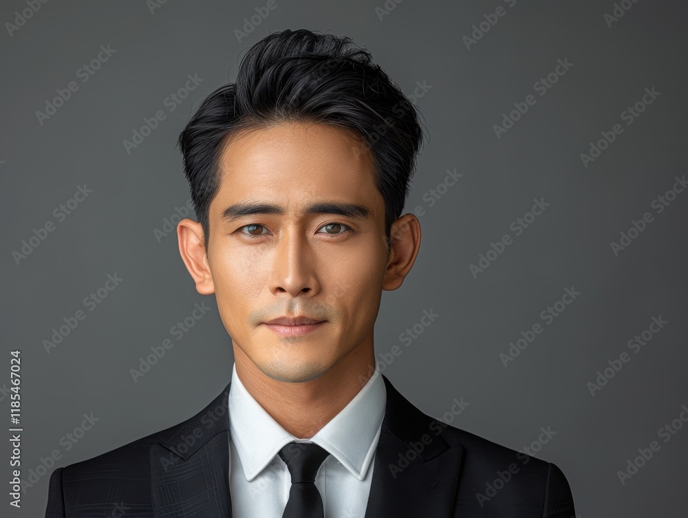 Against a dark grey background, a confident Asian man in a black suit and tie looks stylish and cultured, with grey tones and high saturation, suitable for commercial illustrations. Against a dark grey background, a confident Asian man in a black suit and tie looks stylish and cultured, with grey tones and high saturation, suitable for commercial illustrations.