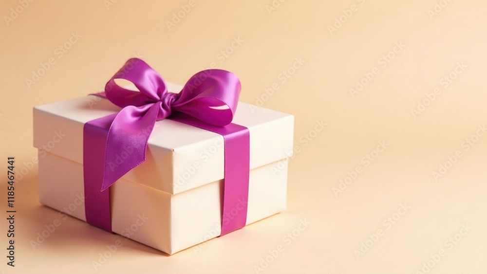 A delicately wrapped gift box with a vibrant purple ribbon, perfect for a special occasion or celebration A delicately wrapped gift box with a vibrant purple ribbon, perfect for a special occasion or celebration
