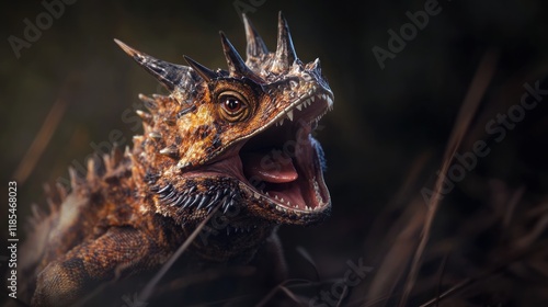 Close-up of a horned lizard with open mouth, showing teeth and texture. photo