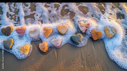 Colorful heart shaped stones are arranged on sandy beach, partially covered by gentle ocean waves. scene evokes sense of tranquility and love photo