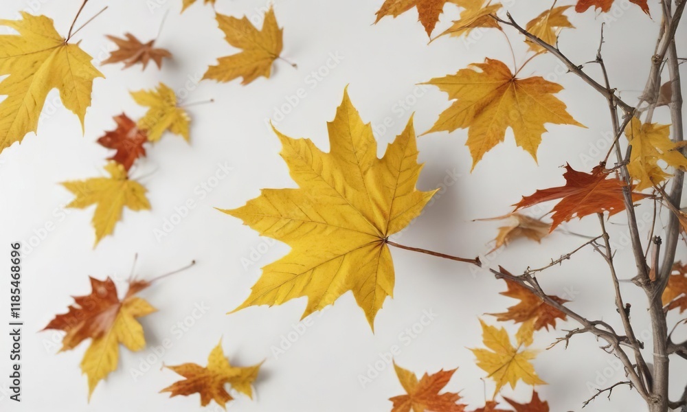 Fall foliage landscape with a single yellow maple leaf isolated on white background, fall colors, yellow leaf Fall foliage landscape with a single yellow maple leaf isolated on white background, fall colors, yellow leaf