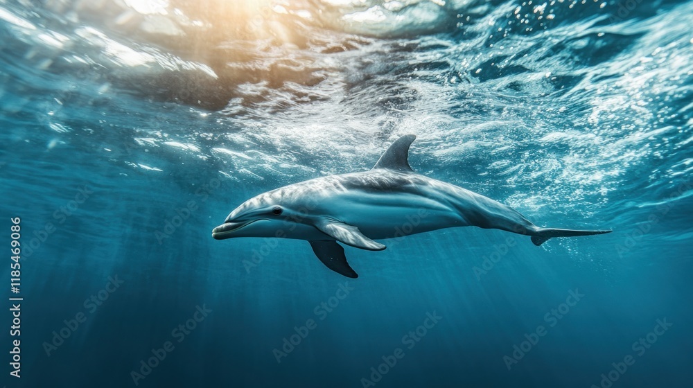 Obraz premium Dolphin Swimming Through Sunlight Underwater