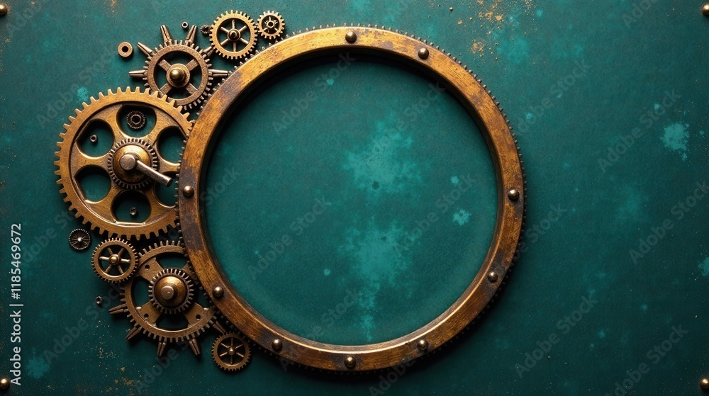 Ornate brass gear mechanism with circular frame on dark teal textured background Ornate brass gear mechanism with circular frame on dark teal textured background
