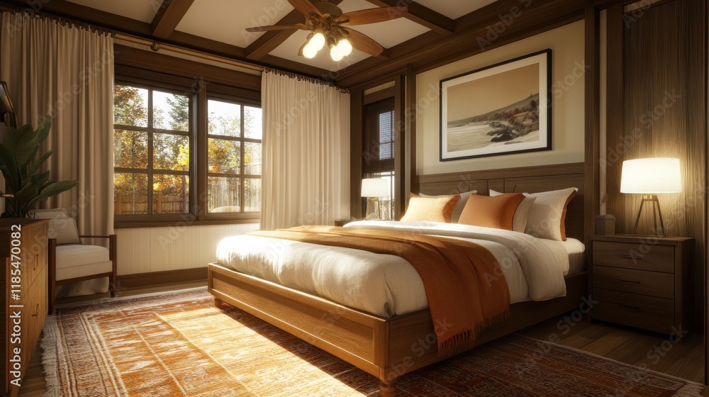 Cozy Bedroom with Large Windows and a Wooden Bed Cozy Bedroom with Large Windows and a Wooden Bed