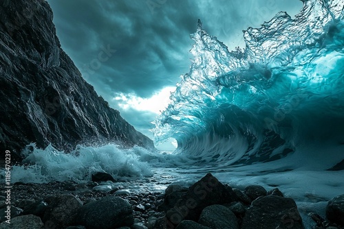 Turquoise waves crashing against a rugged shoreline. photo