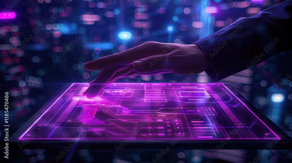 hand interacting with glowing, futuristic touchscreen interface, showcasing vibrant purple and blue colors, symbolizing advanced technology and digital innovation hand interacting with glowing, futuristic touchscreen interface, showcasing vibrant purple and blue colors, symbolizing advanced technology and digital innovation