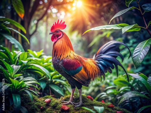 Vintage Thai Jungle Fowl: A Majestic Red Junglebird in its Natural Habitat photo