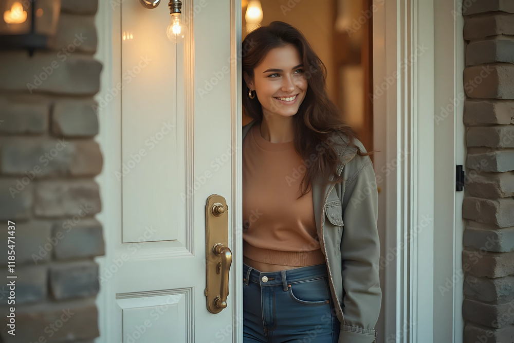 smiling woman opening the door welcome to the house smiling woman opening the door welcome to the house