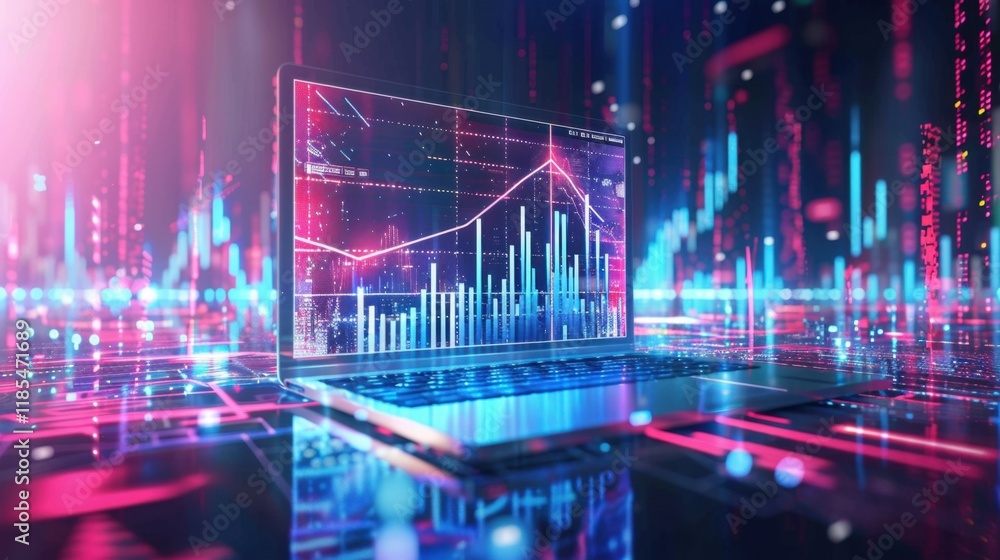 Digital laptop displaying financial data and graphs in futuristic setting, showcasing vibrant colors and glowing elements. scene conveys sense of advanced technology and data analysis Digital laptop displaying financial data and graphs in futuristic setting, showcasing vibrant colors and glowing elements. scene conveys sense of advanced technology and data analysis