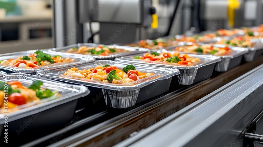 A conveyor belt filled with prepared meal trays, showcasing colorful vegetables and protein, ready for distribution in a commercial kitchen setting. A conveyor belt filled with prepared meal trays, showcasing colorful vegetables and protein, ready for distribution in a commercial kitchen setting.