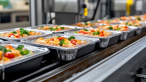 A conveyor belt filled with prepared meal trays, showcasing colorful vegetables and protein, ready for distribution in a commercial kitchen setting.