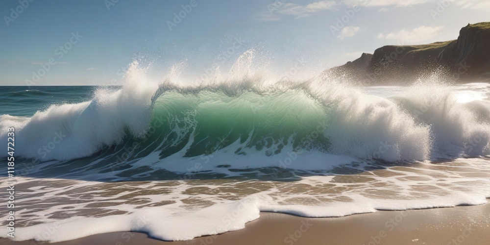 Obraz premium A wave crashes on the shore in a burst of sparkling foam, beach scene, crashing waves, rough surface