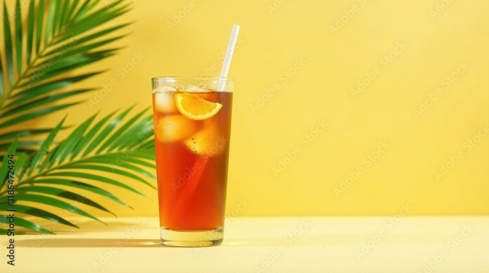 Refreshing Iced Tea with Lemon and Ice Cubes in Tall Glass Against Yellow Background and Tropical Palm Leaf Refreshing Iced Tea with Lemon and Ice Cubes in Tall Glass Against Yellow Background and Tropical Palm Leaf