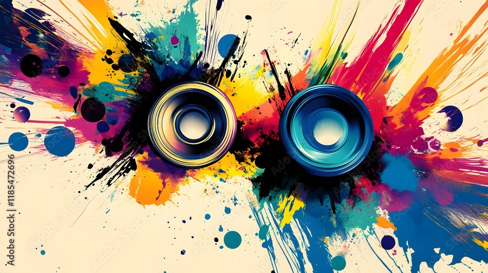 Abstract Colorful Paint Splashes Behind Speakers Abstract Colorful Paint Splashes Behind Speakers