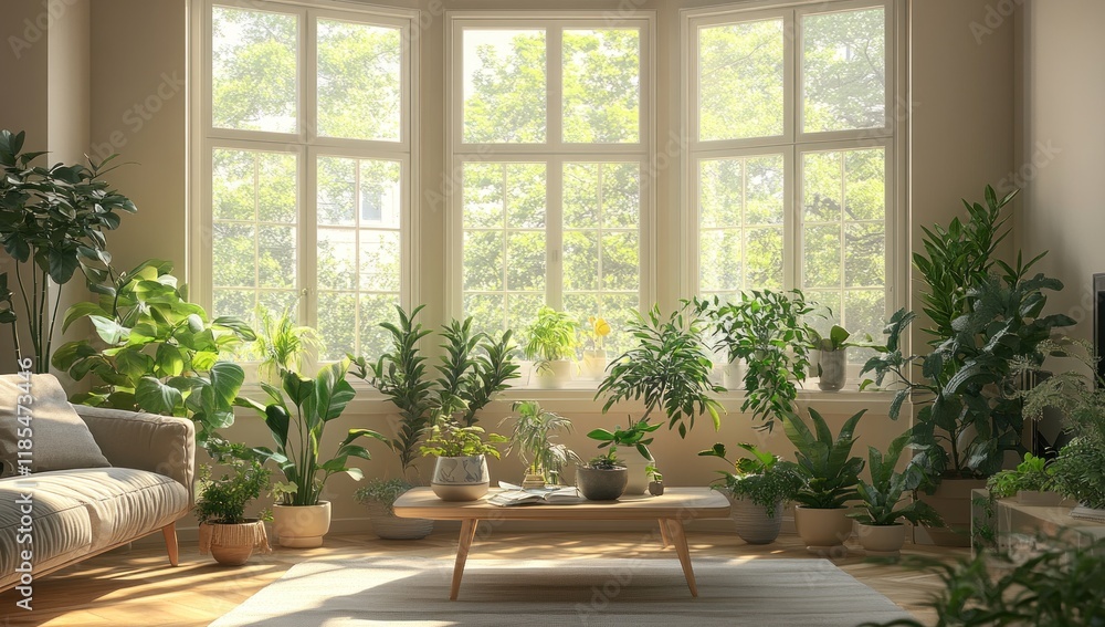 Sunlit living room with many houseplants. Sunlit living room with many houseplants.