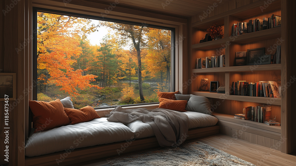 Fototapeta premium Cozy reading nook with autumn view through large window