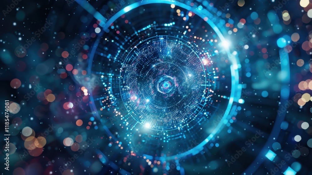 Vibrant digital abstract background with glowing particles and circular patterns, creating sense of depth and motion in cosmic environment Vibrant digital abstract background with glowing particles and circular patterns, creating sense of depth and motion in cosmic environment