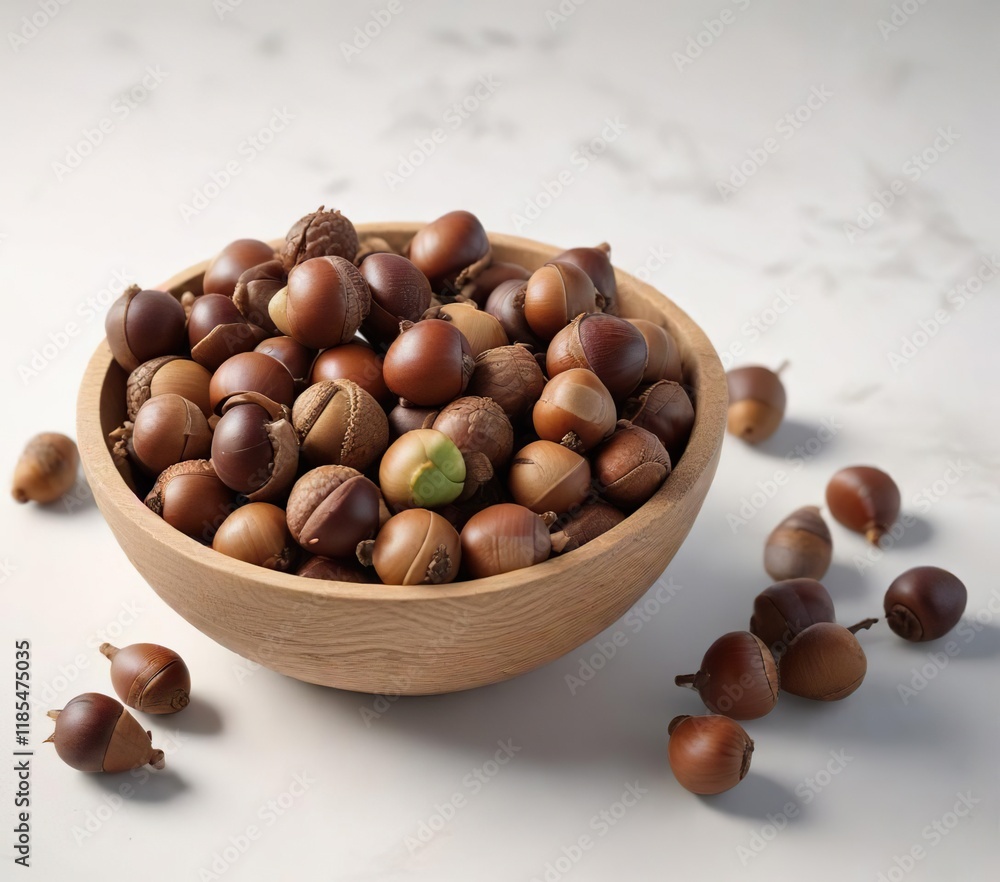 A collection of acorns in a small wooden bowl on a white surface, natural elements, bowl, acorn A collection of acorns in a small wooden bowl on a white surface, natural elements, bowl, acorn