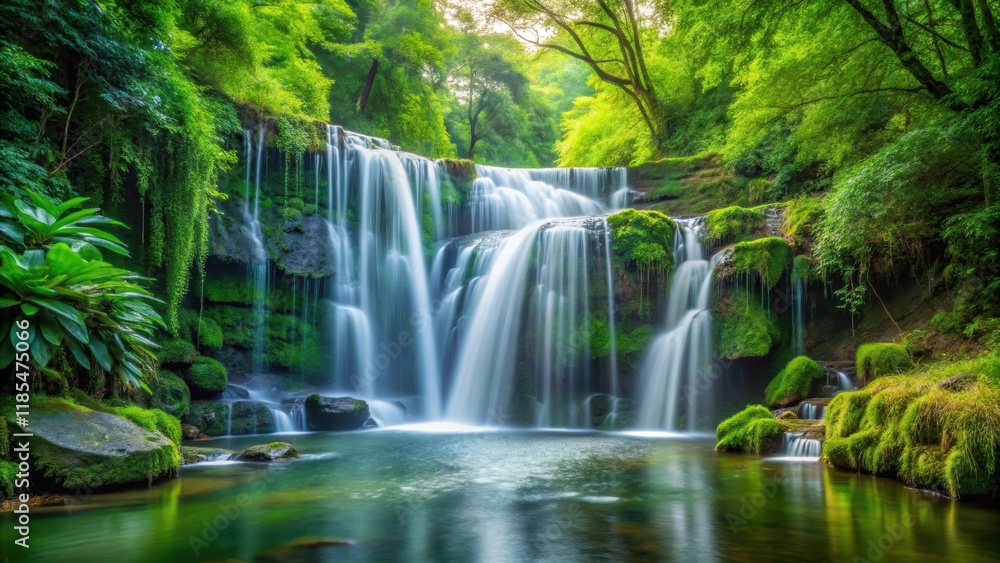 Obraz premium Tranquil waterfall cascading gracefully in a verdant forest setting, waterfall, tranquil, flowing, lush, forest, nature