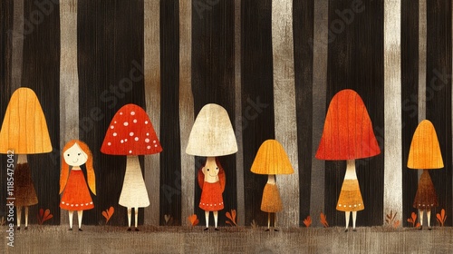 Whimsical girls hiding amongst vibrant mushrooms and dark forest trees photo