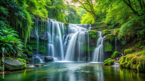 Tranquil waterfall cascading gracefully in a verdant forest setting, waterfall, tranquil, flowing, lush, forest, nature