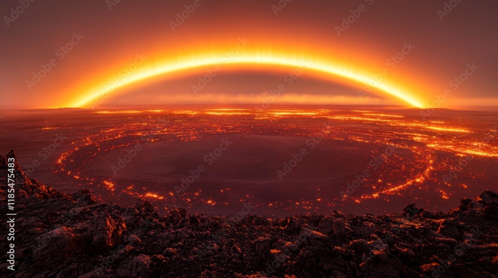 Spectacular Volcanic Landscape at Sunset with Fiery Lava Flows and an Atmospheric Arc Spectacular Volcanic Landscape at Sunset with Fiery Lava Flows and an Atmospheric Arc