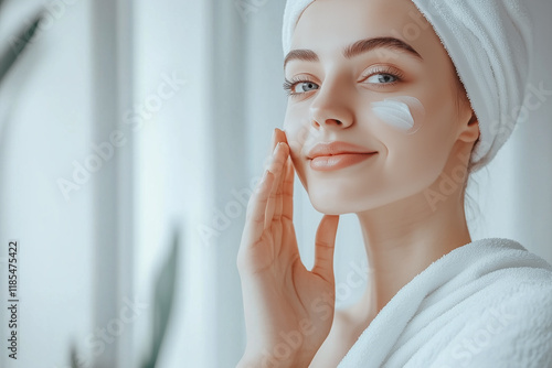 Portait of beautiful skin woman applied crem on her face, healthy beauty skincare and cosmetics for adverstising. Generative Ai.

