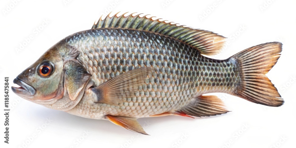 Fototapeta premium Nile tilapia fish isolated on white background, Nile tilapia, fish, isolated, white background, seafood, aquaculture, fresh