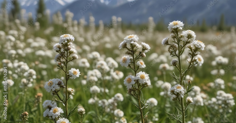 Western Pearly Everlasting flowers in a field , western pearly everlasting, leafy foliage Western Pearly Everlasting flowers in a field , western pearly everlasting, leafy foliage