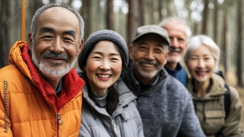 Seniors Enjoying a Scenic Hike in a Forest Setting