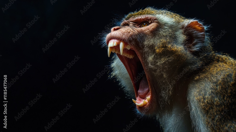 Fototapeta Close-up of a monkey yawning, showing teeth and gums against a black background.