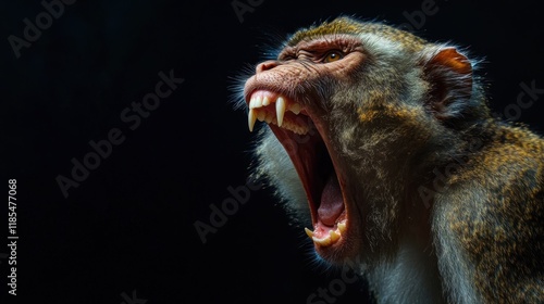 Close-up of a monkey yawning, showing teeth and gums against a black background.