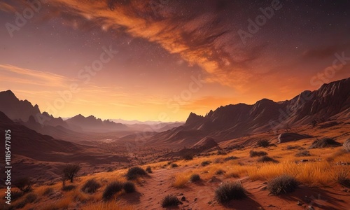 An otherworldly landscape featuring an orange-hued sky with scattered stars, evoking a feeling of mystery and enchantment , dreamy, sky, starry night photo