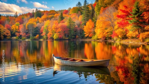 Tranquil autumn scene with a canoe on a serene lake surrounded by vibrant foliage, autumn, serene, lake, canoe, foliage
