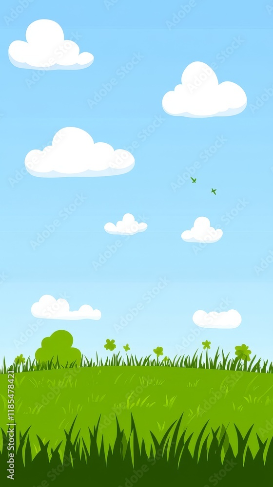 Serene landscape of a grassy field under a bright blue sky with fluffy white clouds Serene landscape of a grassy field under a bright blue sky with fluffy white clouds