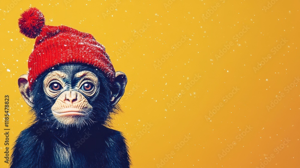 Obraz premium Sad Chimpanzee in Red Winter Hat Against Yellow Background