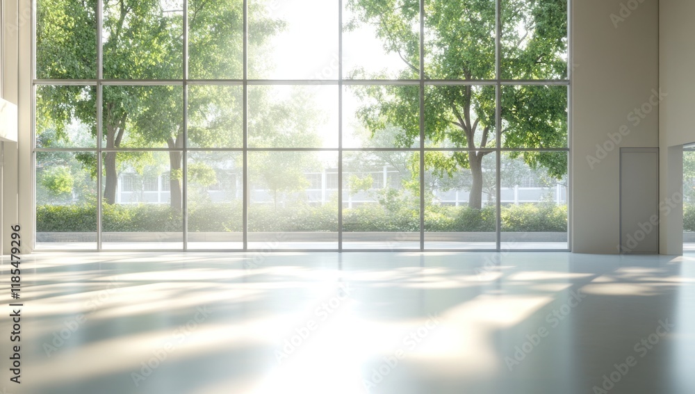 Fototapeta premium Sunlit modern interior with large windows overlooking green trees.