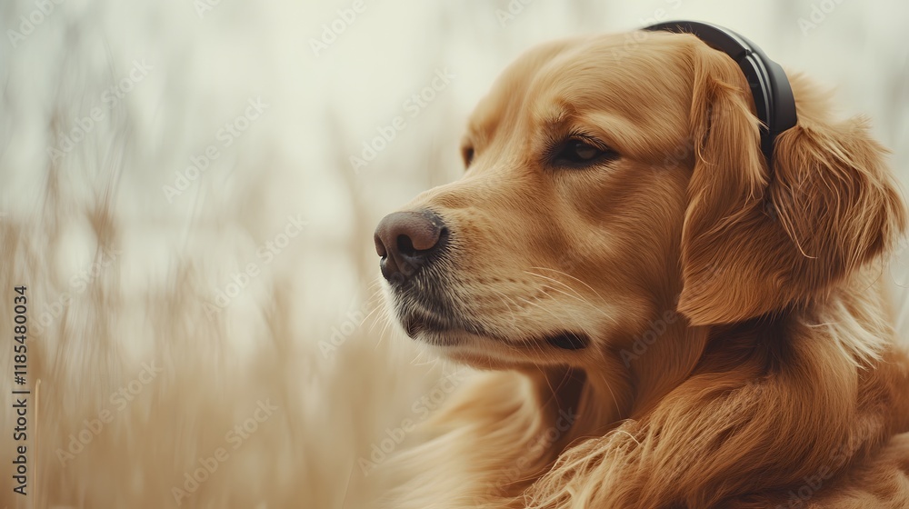 Obraz premium Golden Retriever Dog Wearing Headphones Outdoors