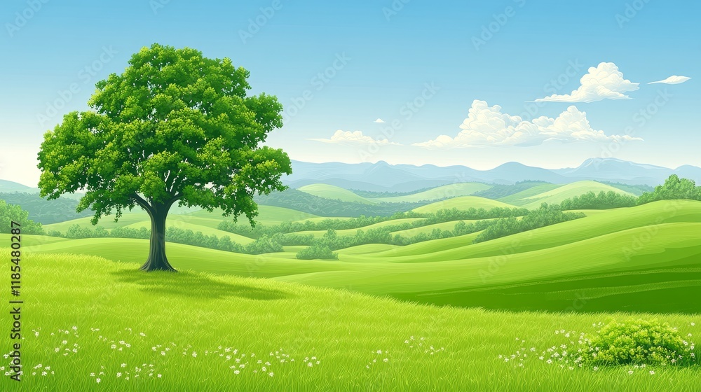 Fototapeta premium Solitary tree on a vibrant green hillside under a bright blue sky
