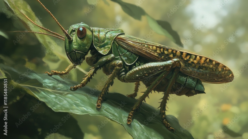 Green Grasshopper on a Leaf in a Lush Forest Green Grasshopper on a Leaf in a Lush Forest