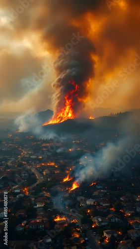 Aerial view of a raging wildfire consuming a hillside and numerous homes. Smoke billows into an orangehued sky. The scene is chaotic and destructive. photo