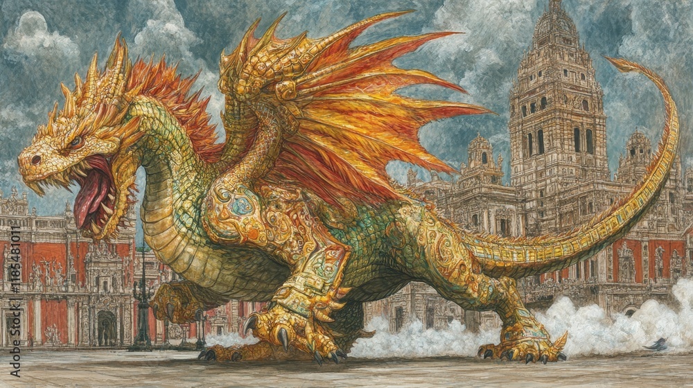 Fototapeta premium A majestic, golden dragon dominates a city square, exuding power and mythical presence