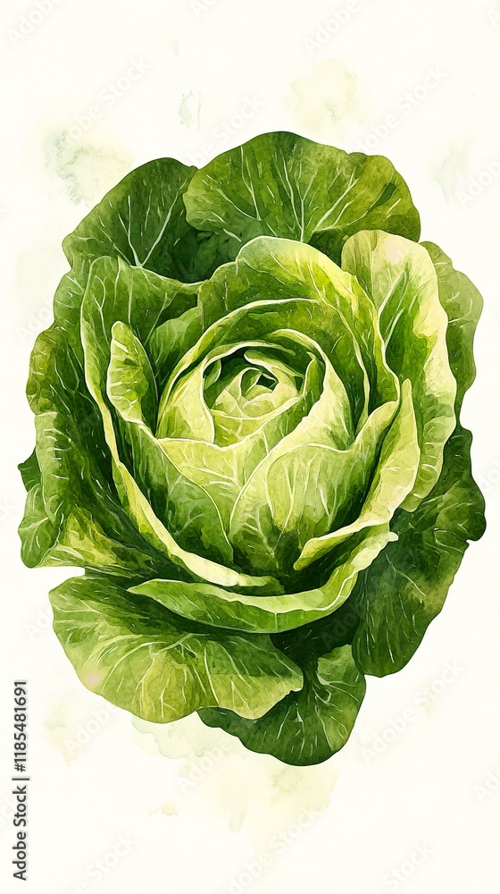 Fototapeta premium Watercolor Cabbage Painting: Vibrant Green Leaves