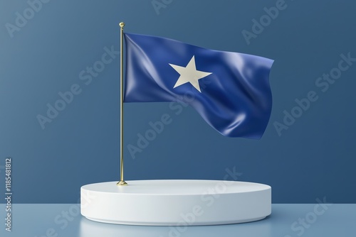 Blue Flag with White Star on Podium, Minimalist Design