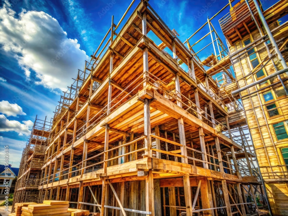 Raw timber scaffolding climbs a skeletal building frame, sunlight etching shadows on unfinished concrete.