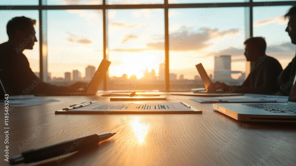 Group of silhouettes in conference room during sunset, laptops open, engaged in discussion, creating productive atmosphere Group of silhouettes in conference room during sunset, laptops open, engaged in discussion, creating productive atmosphere