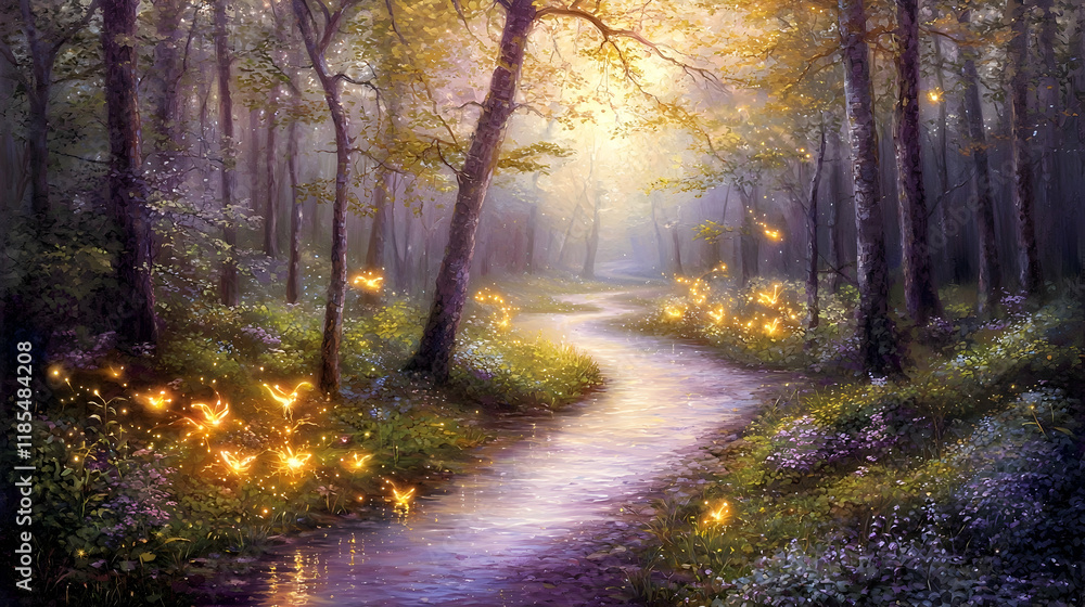 Obraz premium Enchanting forest path, glowing fireflies, tranquil stream, sunlit canopy, magical background, ideal for fantasy or nature themed projects