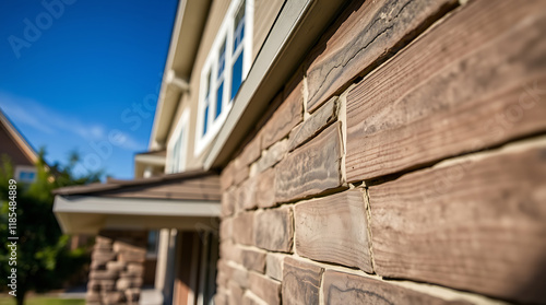 Close-up view of a brown stone veneer wall on a light beige building exterior.  The background shows part of another building and blue sky.  The focus is sharply on the stonework.