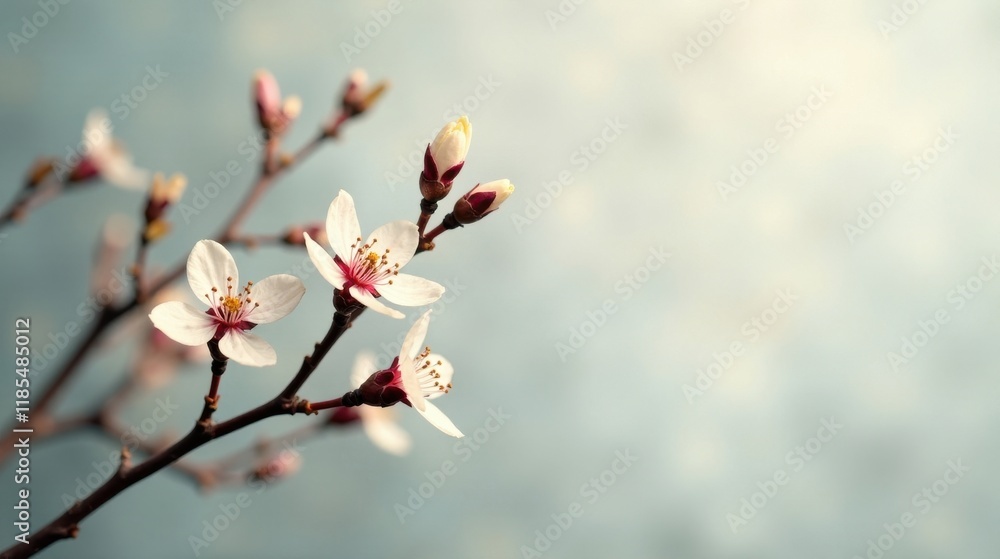 Delicate Spring Blossoms on a Branch, Softly Illuminated by Natural Light, Exhibiting a Serene and Peaceful Atmosphere Delicate Spring Blossoms on a Branch, Softly Illuminated by Natural Light, Exhibiting a Serene and Peaceful Atmosphere